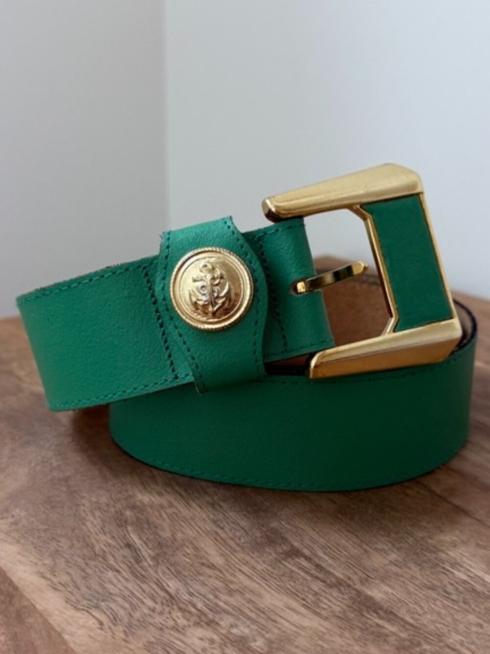 Vintage Emerald Green Leather Belt Chunky Gold Hardware Nautical Coastal